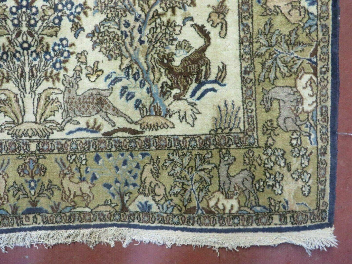 Handmade India Tree Of Life Rug Wool Silk 4x6 Oriental Pictorial Birds Deer Vintage 1960s