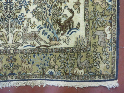 Handmade India Tree Of Life Rug Wool Silk 4x6 Oriental Pictorial Birds Deer Vintage 1960s
