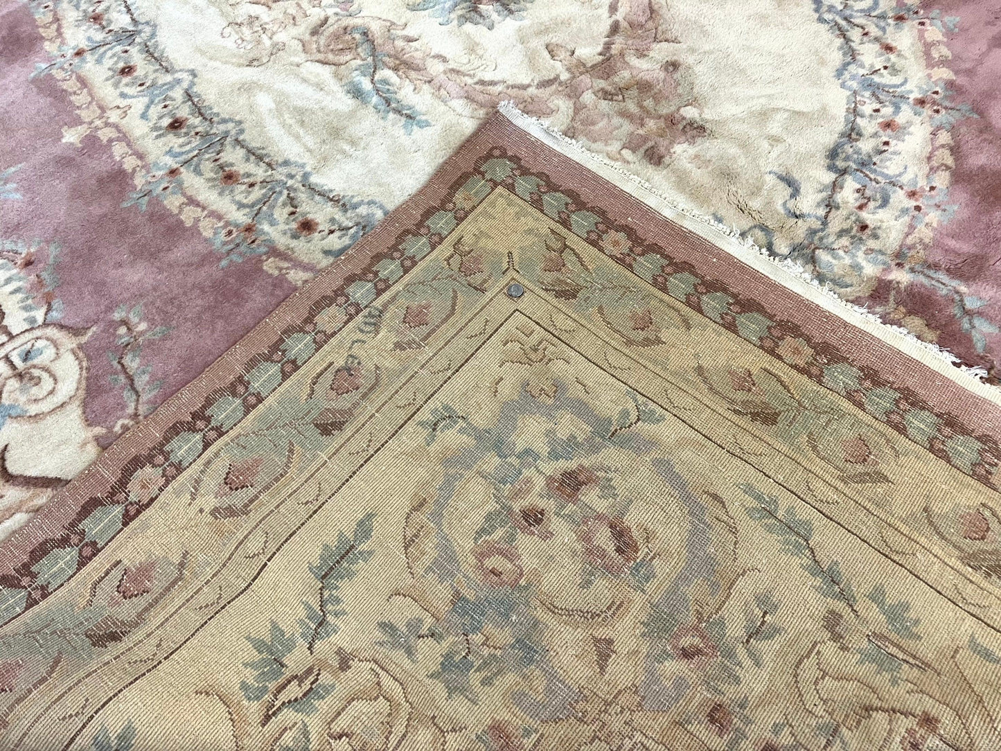 Indo Chinese Aubusson Wool Rug 10x14, Pink and Cream, Handmade Vintage Wool Carpet, Elegant European Design