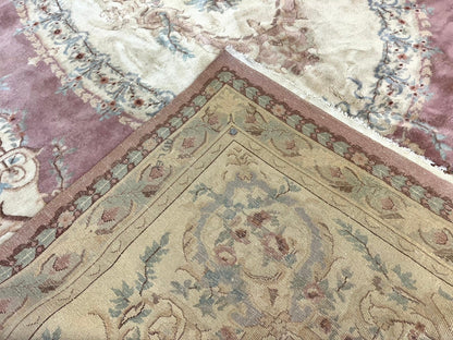 Indo Chinese Aubusson Wool Rug 10x14, Pink and Cream, Handmade Vintage Wool Carpet, Elegant European Design