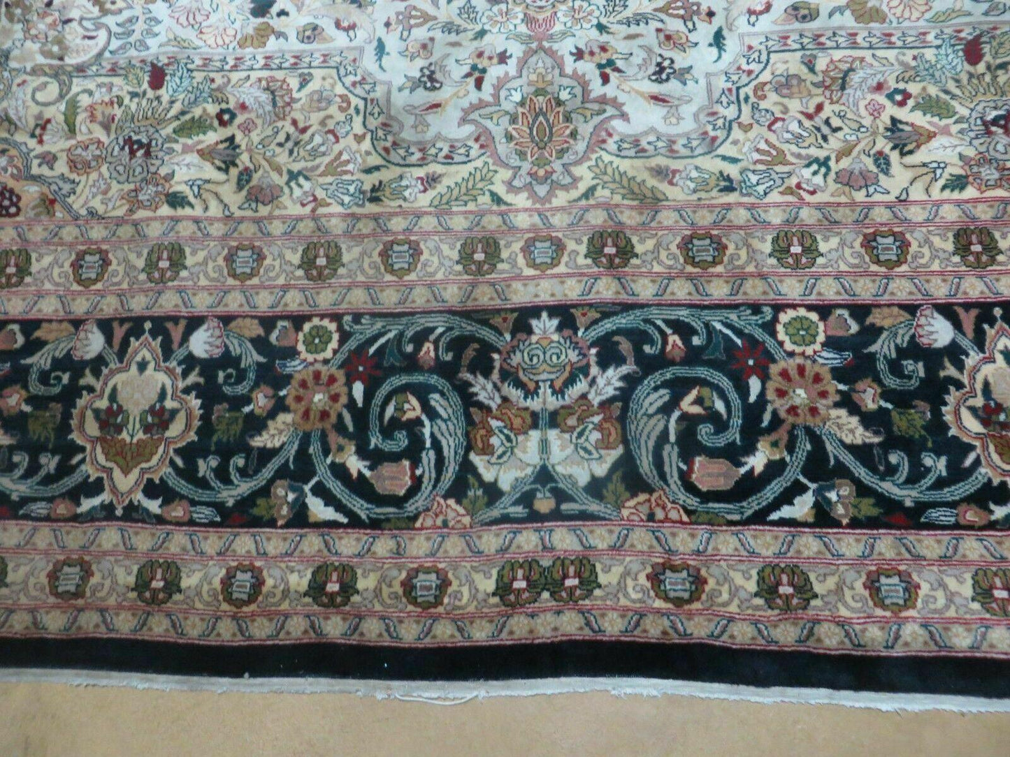 Beautiful Sino Persian Rug 9x12, Elegant High Quality Handmade Wool Oriental Carpet, Medallion with Corner Design, Floral, Black and Ivory