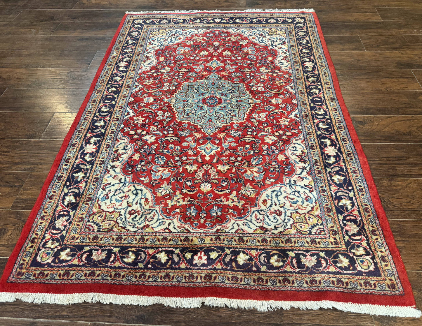 Persian Sarouk Rug 4x7, Red Navy Blue Vintage Wool Medallion Carpet