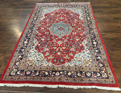 Persian Sarouk Rug 4x7, Red Navy Blue Vintage Wool Medallion Carpet