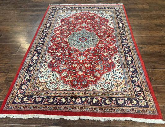 Persian Sarouk Rug 4x7, Red Navy Blue Vintage Wool Medallion Carpet