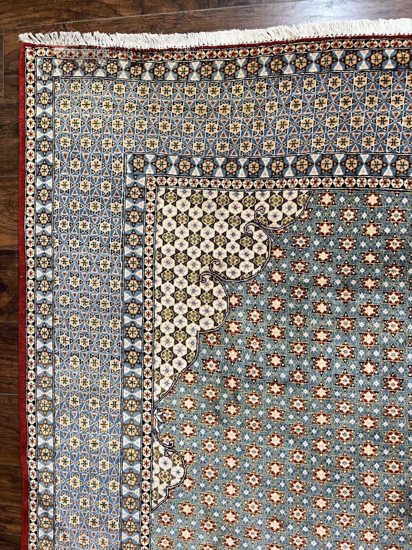 Rare Persian Rug 8x12, Qum Rug, Repeated Star Motifs, Blue and Ivory, Fine 300 KPSI, Hand Knotted Handmade Vintage Wool Rug