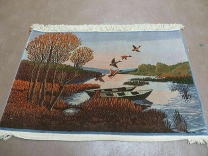 Vintage Handmade Pakistan Pictorial Rug With Birds And Trees 2x3 Feet