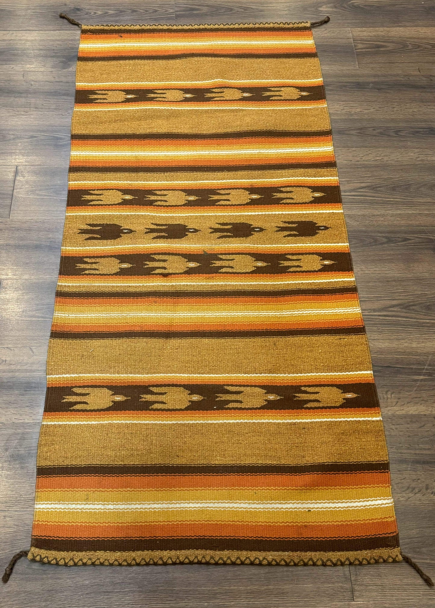 South American Rug Blanket 2.7 x 5.6, Wool, Handmade, Navajo Design, Orange Brown