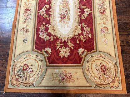 Aubusson Rug 4x6 Red Floral European Design Vintage Wool Handwoven