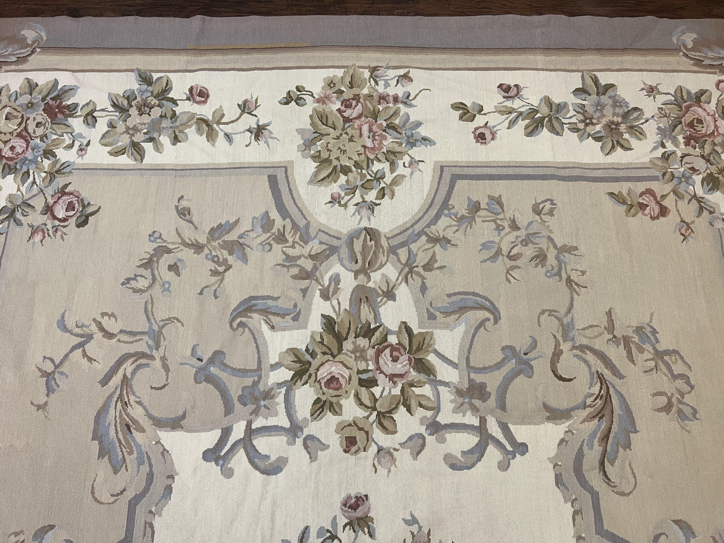 Aubusson Needlepoint Rug 9x12 Vintage Handmade Wool Beige Floral Roses European Elegant