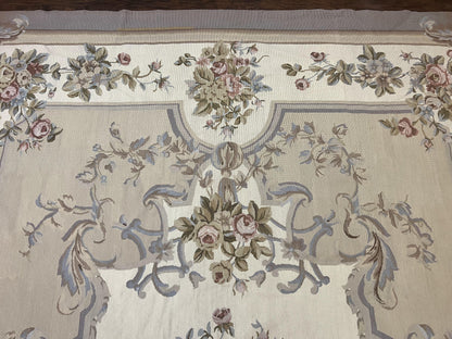 Aubusson Needlepoint Rug 9x12 Vintage Handmade Wool Beige Floral Roses European Elegant