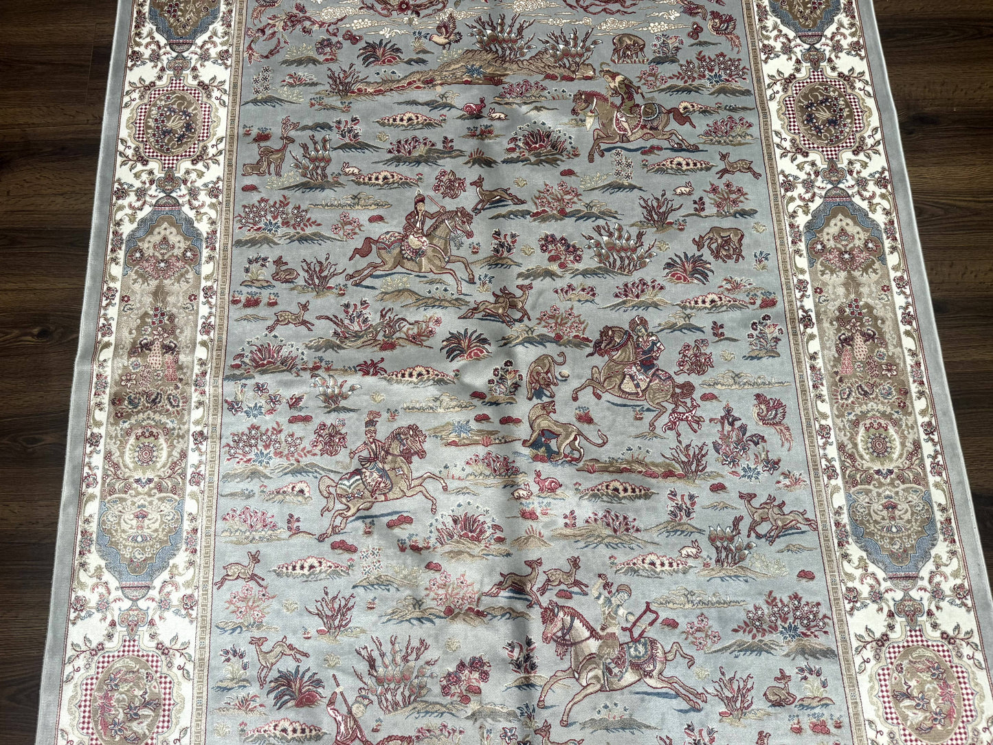 Turkish Silk Rug 5x7 Hunting Design Animal Pictorials Bamboo Silk