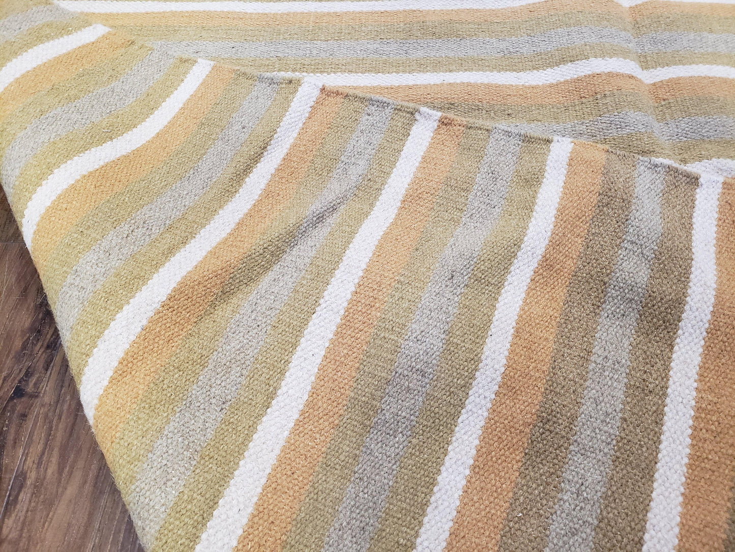 New Indian Kilim Area Rug, 6x8 - 7x8 South American Style Blanket, Striped Indian Wool Hand-Woven Flat Weave 6x9 Bedroom Rug, Ivory Ochre