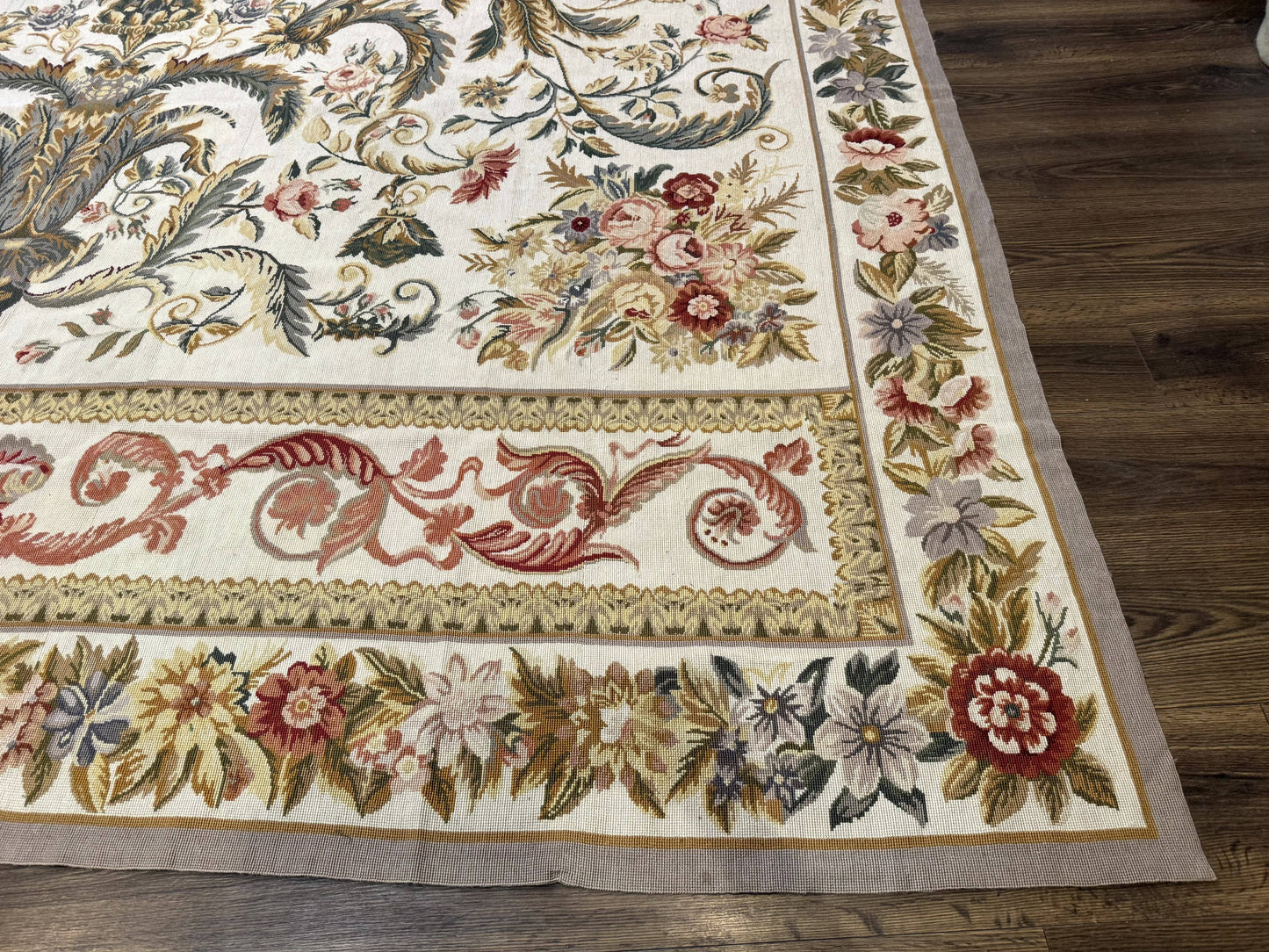 Aubusson Needlepoint Rug 10x14 Elegant European French Carpet Vintage Wool