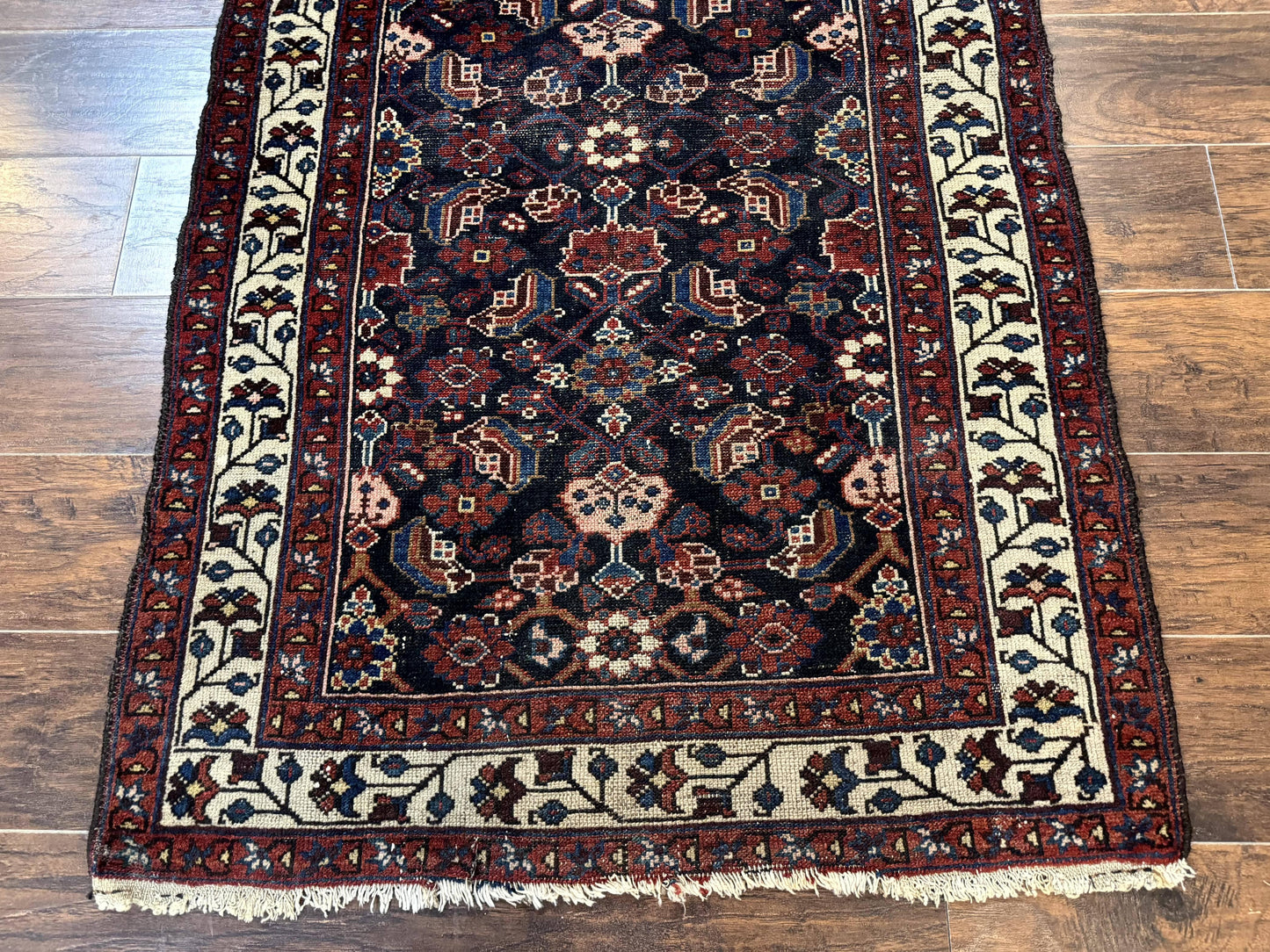 Antique Persian Rug Hamadan 3x6 Navy Blue Ivory Handmade Wool Carpet