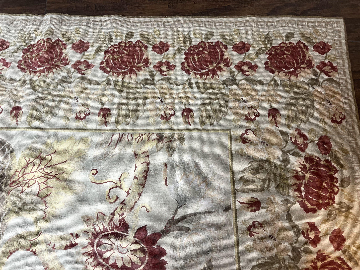 Extra Large Needlepoint Rug 14 x 20, Vintage Handwoven Handmade Wool Flatweave Carpet, Allover Floral Pattern, Elegant European Deisgn Rug