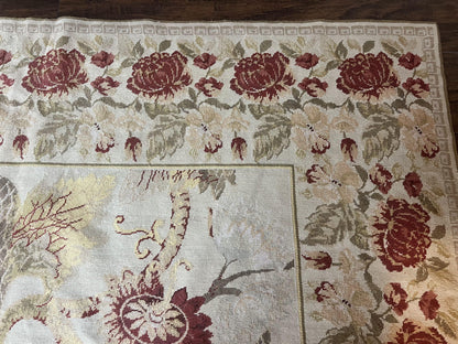 Extra Large Needlepoint Rug 14 x 20, Vintage Handwoven Handmade Wool Flatweave Carpet, Allover Floral Pattern, Elegant European Deisgn Rug