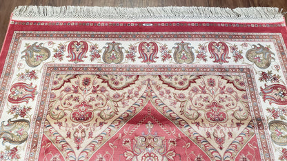 Bamboo Silk Rug 4x6 Red Traditional Oriental Carpet With Flower Vase Columns