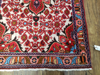 Handmade Floral Wool Rug Turkish Vintage 3 Ft 2 In By 5 Ft 1 In Red Beige Ivory