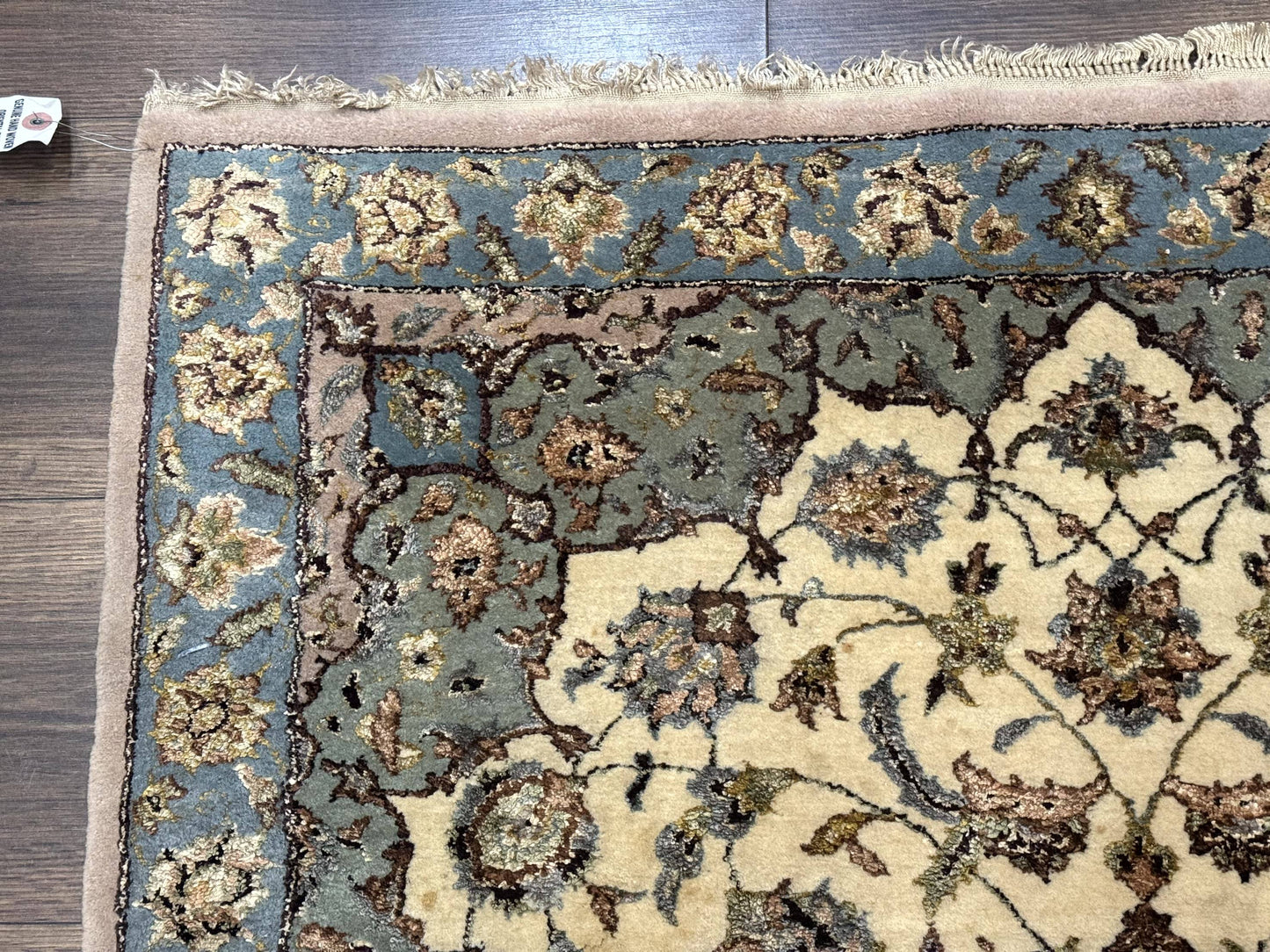 Persian Isfahan Rug 3x5, Fine 310 KPSI, Kork Wool Silk Foundation, Cream & Light Green