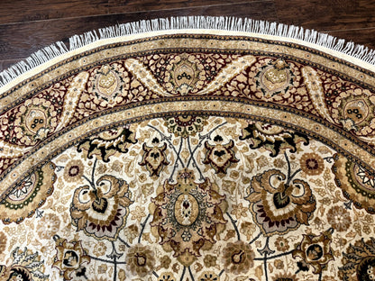 Round Pak Persian Rug 8x8, Vintage Handmade Wool Traditional Carpet, Beige Dark Red, Fine 270 KPSI