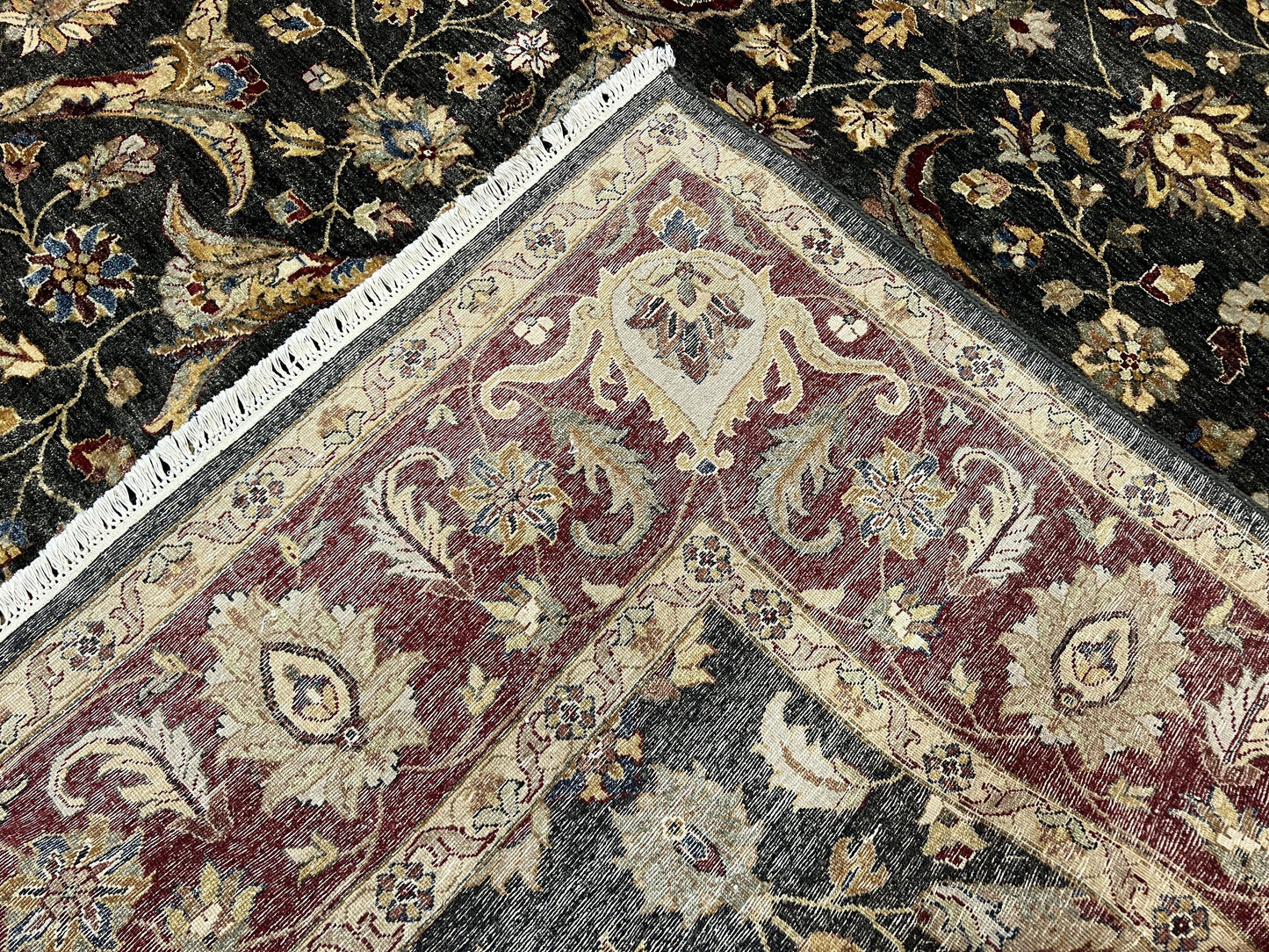 Pak Persian Mahal Rug 9x12, Allover Floral Pakistani Oriental Carpet 9 x 12, Wool Hand Knotted Area Rug, Dark Slate Gray-Black and Maroon