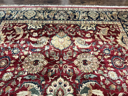 Indo Persian Rug 10x14 Vintage Handmade Wool Carpet Dark Red Navy Blue Beige