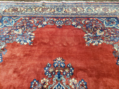 Semi Antique Persian Sarouk Rug 9x12 Hand Knotted Wool With Central Medallion Tomato Red