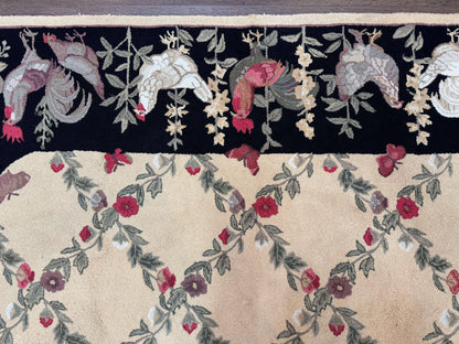 Vintage Hooked Rug 7x9, Rosters in Border, Roses and Butterflies