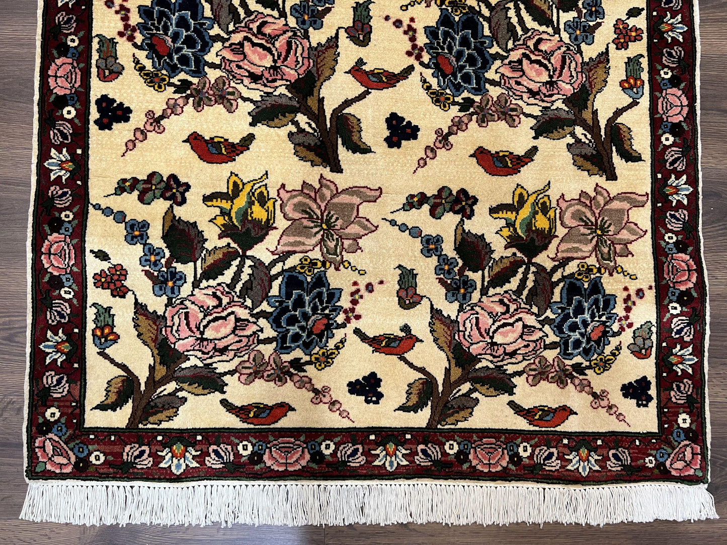 Persian Bidjar Rug 3.6 x 5 ft, Repeated Floral Motifs, Roses and Birds, Cream Burgundy, Fine Wool Oriental Bijar Carpet, Vintage Traditional Area Rug