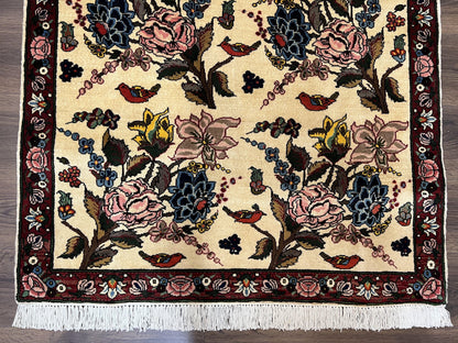 Persian Bidjar Rug 3.6 x 5 ft, Repeated Floral Motifs, Roses and Birds, Cream Burgundy, Fine Wool Oriental Bijar Carpet, Vintage Traditional Area Rug