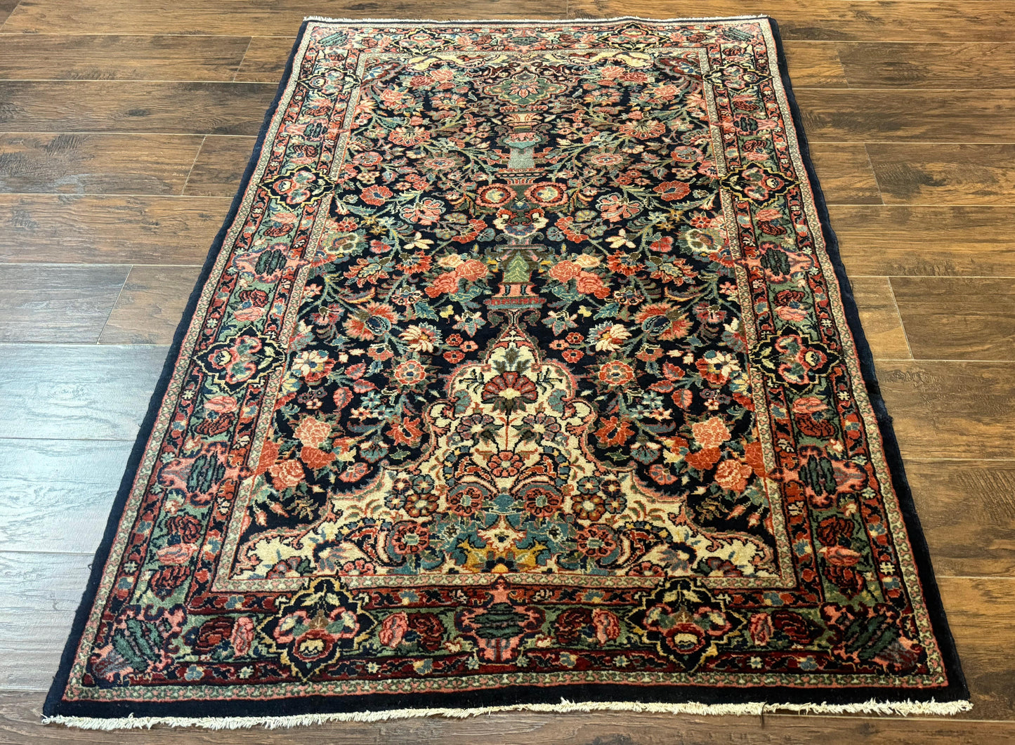 Antique Persian Rug 4x5, Navy Blue 1920s Carpet, Wool, Rare, Fine, Persian Hamadan Bidjar Carpet