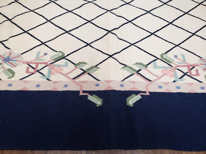 Vintage Dhurrie Rug, Indian Dhurrie 8x11 - 9x11, Wool Hand-Woven Ivory & Black Indo Carpet, Large Flat Weave Rug Living Room Rug Black White