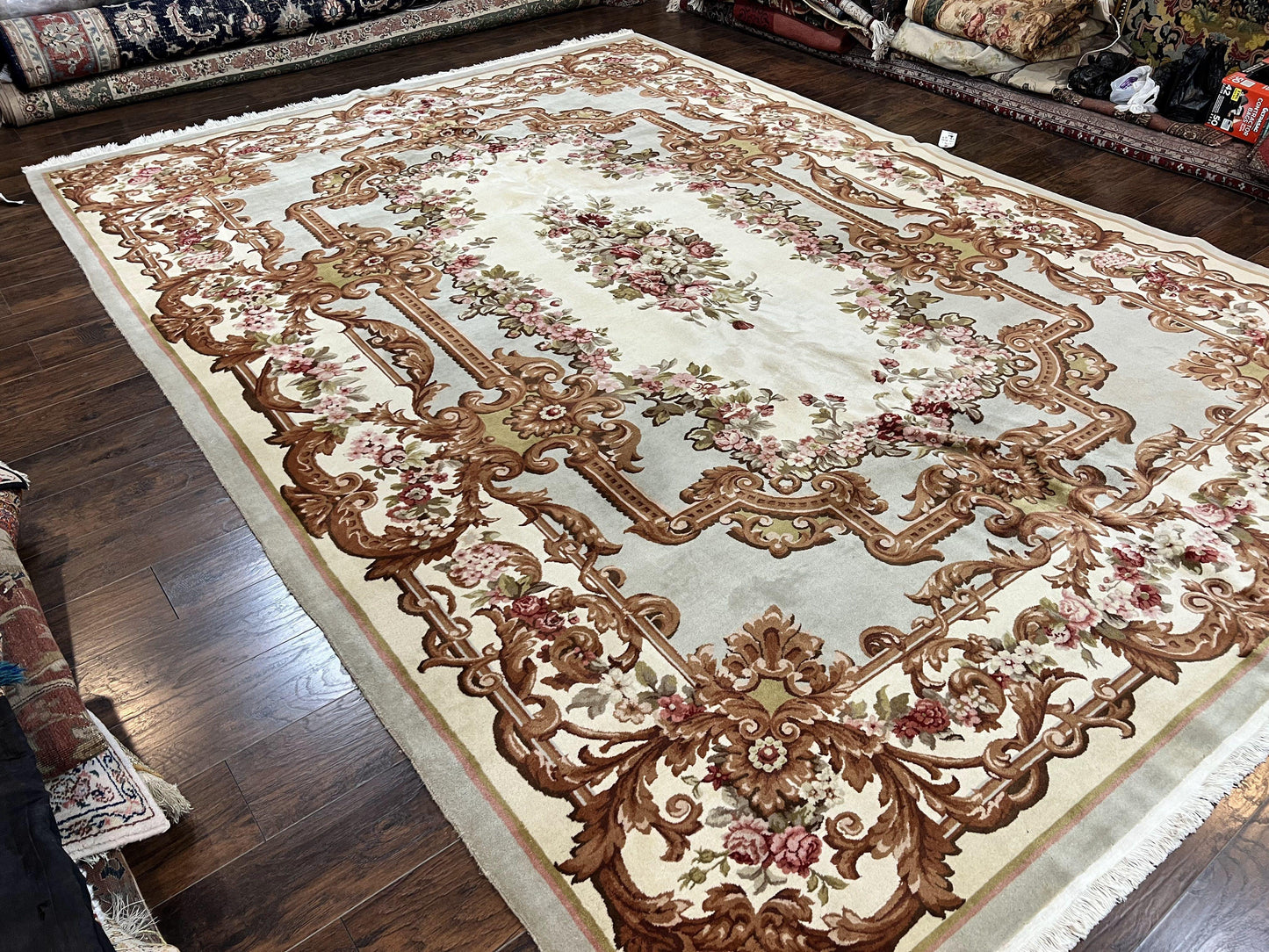 Aubusson Rug 10x13, Cream and Light Mint Green Hand Knotted Handmade French Savonnerie European Carpet, Wool Pile, Large Room Sized Vintage