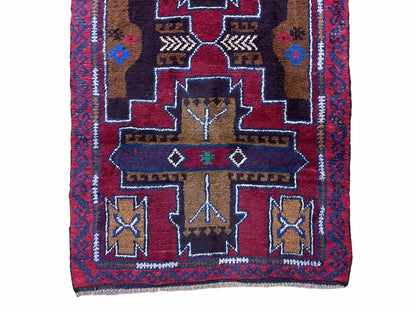 2' 10" X 4' 9" Vintage Handmade Tribal Wool Rug Balouchi Rug Afghan Rug Red Blue