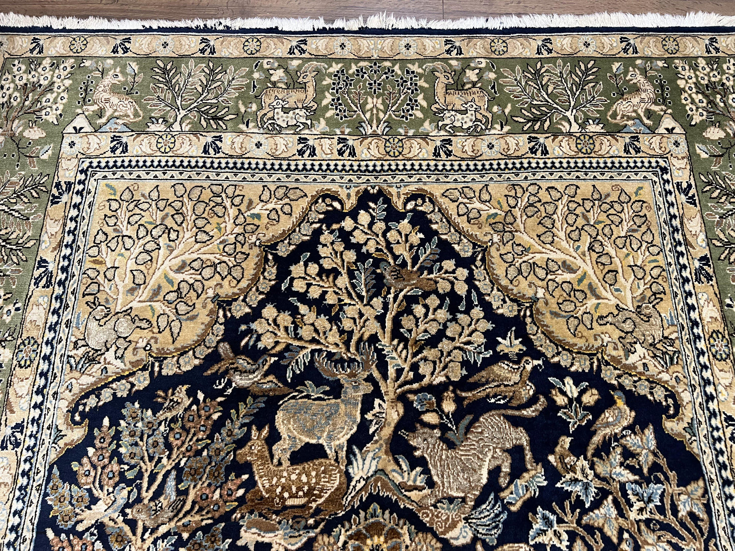 Persian Qum Rug 6x9 Hand Knotted Tree Of Life Oriental Carpet Navy Blue Green