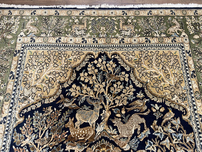 Persian Qum Rug 6x9 Hand Knotted Tree Of Life Oriental Carpet Navy Blue Green