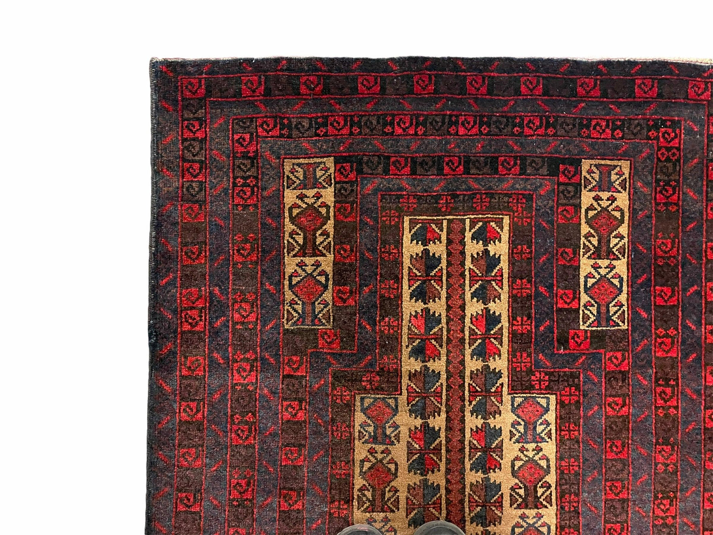 Turkoman Balouch Handmade Wool Rug Three By Three Point Five Vintage Red Tribal Prayer Carpet