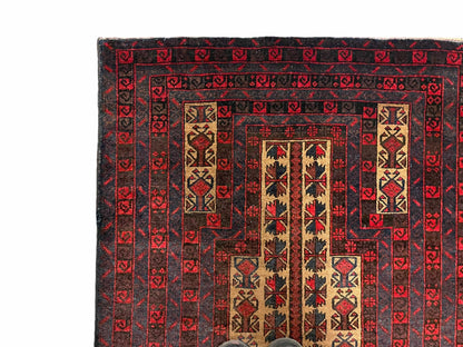 Turkoman Balouch Handmade Wool Rug Three By Three Point Five Vintage Red Tribal Prayer Carpet