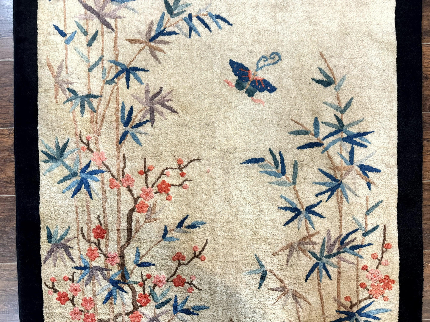 Antique Chinese Wool Rug Oval 3.9x6.7 Handmade Peking Carpet Floral Butterflies Beige