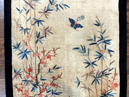 Antique Chinese Wool Rug Oval 3.9x6.7 Handmade Peking Carpet Floral Butterflies Beige