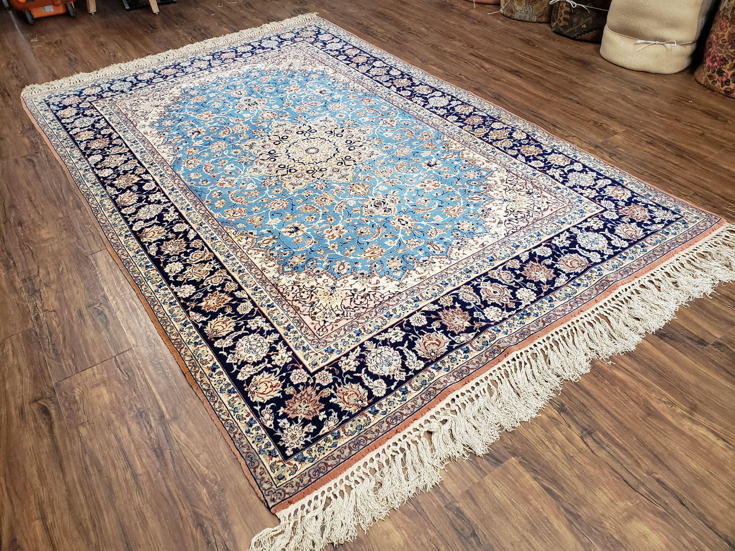 Persian Isfahan Rug Hand Knotted Kork Wool On Silk Foundation Sky Blue Vintage 5 Feet 1 Inch By 7 Feet 8 Inches