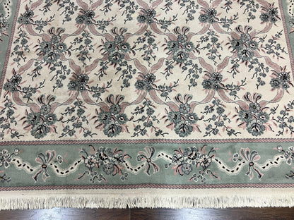Power Loomed Wool Rug 8x11 Ivory Green Floral Belgium Crafted