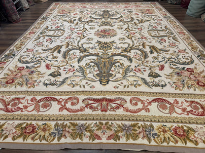 Aubusson Needlepoint Rug 10x14 Elegant European French Carpet Vintage Wool