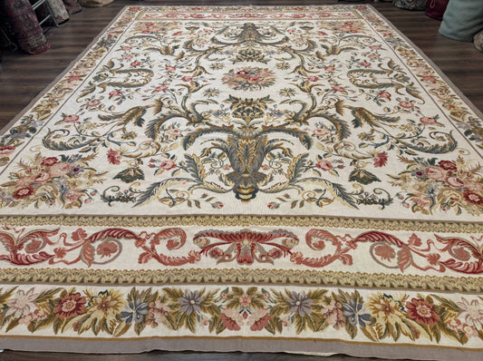 Aubusson Needlepoint Rug 10x14 Elegant European French Carpet Vintage Wool