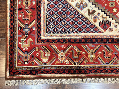 Belgium Power Loomed Wool Rug 8x12 Geometric Medallions Persian Tribal Pattern Ivory Red Blue