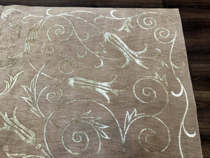 Tibetan Rug Hand Knotted Wool Silk 9x12 Beige Modern Handmade Carpet