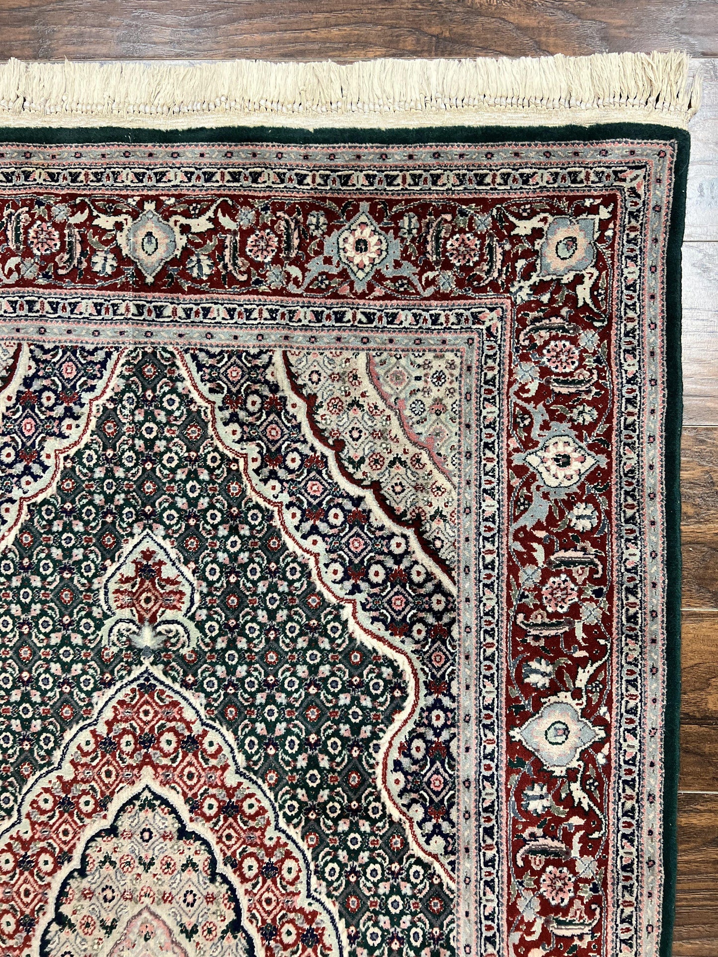 Sino Persian Rug 4x6 Hand Knotted Wool Silk Highlights Herati Medallion Vintage Carpet Green Maroon