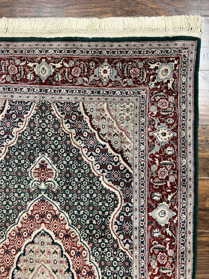 Sino Persian Rug 4x6 Hand Knotted Wool Silk Highlights Herati Medallion Vintage Carpet Green Maroon