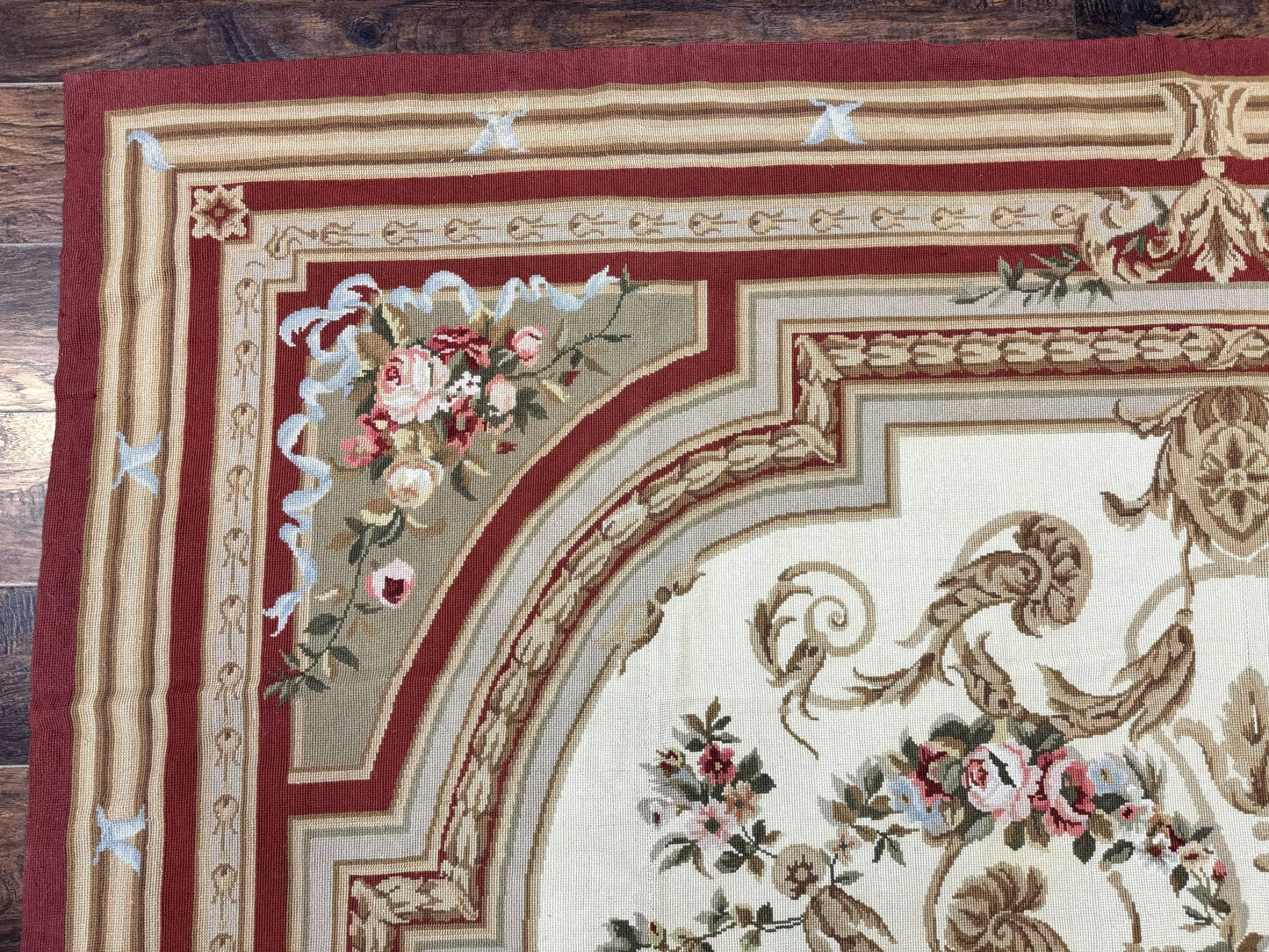 Elegant Aubusson Needlepoint Rug 9x11 Handmade Wool Flatweave Floral Cream