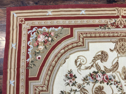 Elegant Aubusson Needlepoint Rug 9x11 Handmade Wool Flatweave Floral Cream